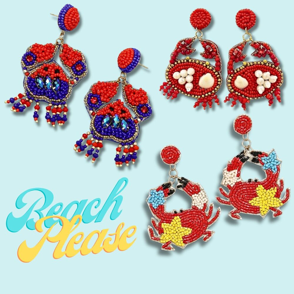 Beach Theme Summer Maryland Crab Seed Bead & Crystal Accent Resort Earrings NEW